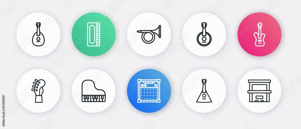 Set line Guitar amplifier, Electric bass guitar, neck, Balalaika, Banjo, Trumpet, Piano and Grand piano icon. Vector Set line Guitar amplifier, Electric bass guitar, neck, Balalaika, Banjo, Trumpet, Piano and Grand piano icon. Vector