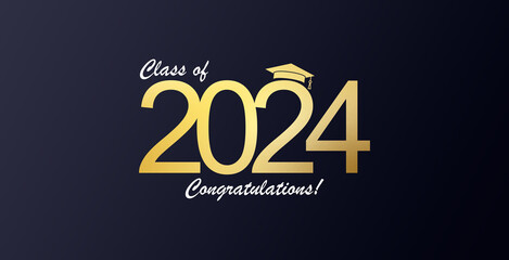 Futuristic graduation class of 2024 banner concept with glowing low polygonal golden graduation cap.