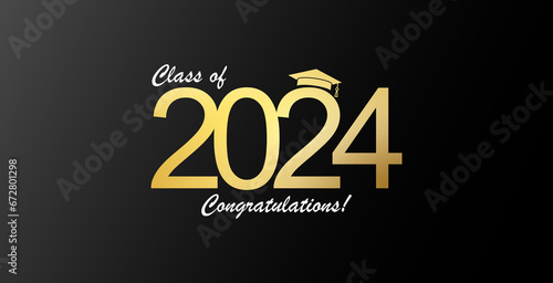 Futuristic graduation class of 2024 banner concept with glowing low polygonal golden graduation cap.