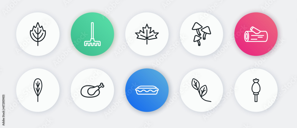 Set line Homemade pie, Wooden log, Leaf, Mushroom, Canadian maple leaf, Opium poppy and Roasted turkey or chicken icon. Vector Set line Homemade pie, Wooden log, Leaf, Mushroom, Canadian maple leaf, Opium poppy and Roasted turkey or chicken icon. Vector