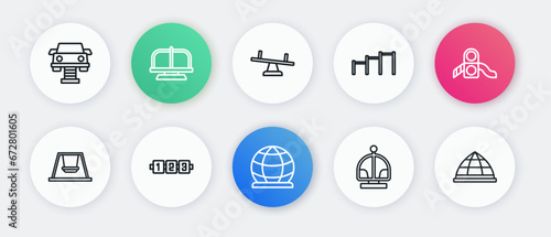 Set line Playground climbing equipment, Slide playground, Swing for kids, Attraction carousel, Sport horizontal bar, Seesaw, and Education logic game icon. Vector