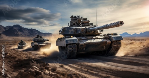 Military or army special operation. Main battle tanks drive crosses in the desert. Generative AI photo