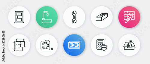 Set line Electrical outlet, Brick wall with trowel, House plan, Security keypad access panel, Wrench spanner, and Roulette construction icon. Vector