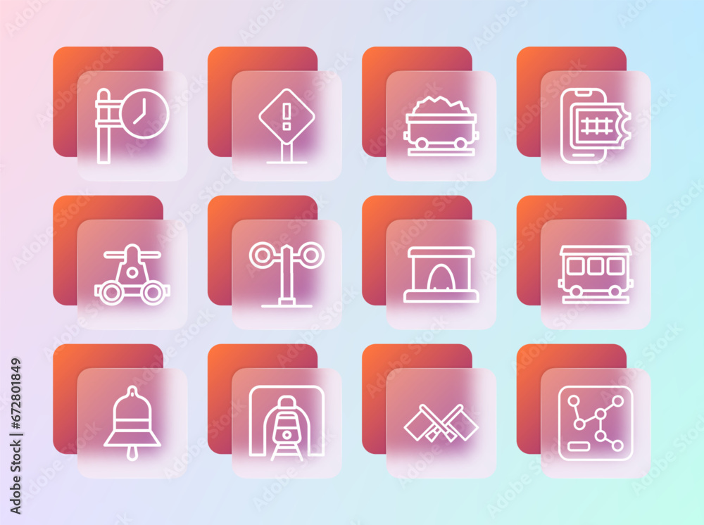 Set line Online ticket booking, Train railway tunnel, Railway, Flag, traffic light, Coal train wagon, station clock and Exclamation mark square icon. Vector Set line Online ticket booking, Train railway tunnel, Railway, Flag, traffic light, Coal train wagon, station clock and Exclamation mark square icon. Vector