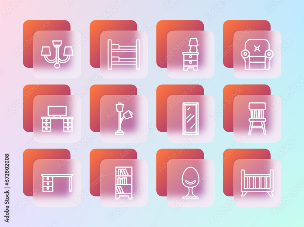 Set line Armchair, Library bookshelf, Big full length mirror, Floor lamp, Furniture nightstand with, Chandelier and Bunk bed icon. Vector Set line Armchair, Library bookshelf, Big full length mirror, Floor lamp, Furniture nightstand with, Chandelier and Bunk bed icon. Vector