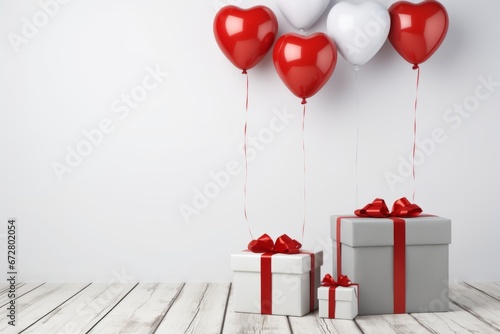 Romantic white room with balloons, hearts, and gift box   valentines day and christmas greetings