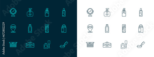 Set line Essential oil bottle, Acne, Shaving gel foam, Bottle of nail polish, shampoo, liquid soap, Round makeup mirror and Tube hand cream icon. Vector