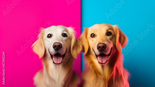 Two Golden Retrievers Against a Split Pink and Blue Background