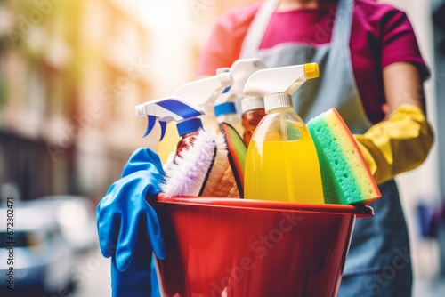 Professional cleaner with a busket of cleaning products. AI generative photo