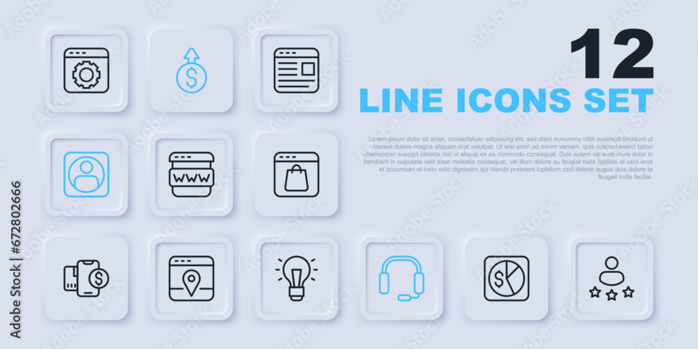 Set line Market analysis, Consumer product rating, Browser window, Headphones, Create account screen, Infographic of city map, Financial growth dollar and Light bulb icon. Vector