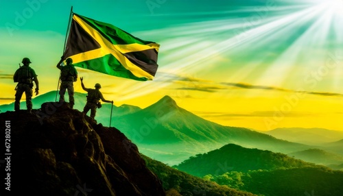 Silhouettes of soldiers placing Jamaica national flag on the peak of a mountain photo