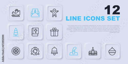 Set line Church building, Christmas ball, Holy bible book, chimney, tree, wreath, Envelope and ringing bell icon. Vector