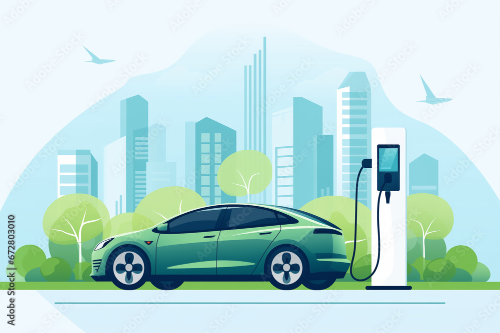 flat vector environmental conservation concept with electric car, electric car preparing to charge at charging station on building background