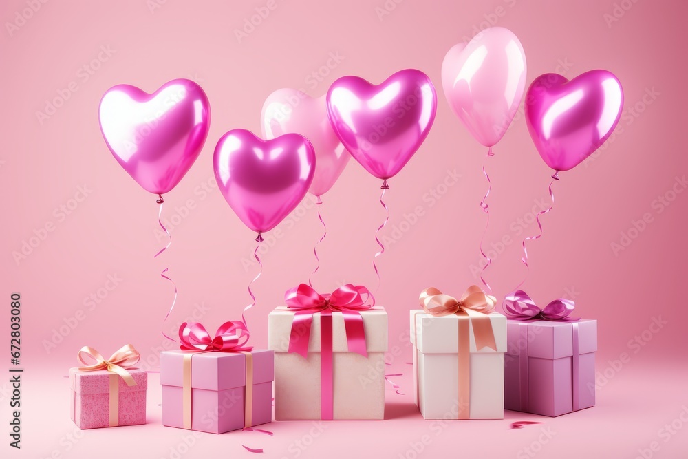 Heart shaped balloons and gift boxes flying on pink background for special occasions. Heart shaped balloons and gift boxes flying on pink background for special occasions.
