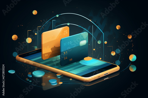 Concept of using credit card to buy online via mobile phone, flat vector about credit card placed on mobile phone