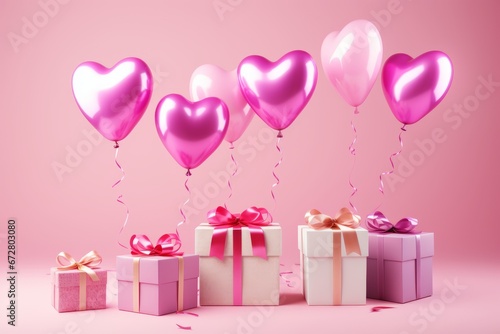 Heart shaped balloons and gift boxes flying on pink background for special occasions.