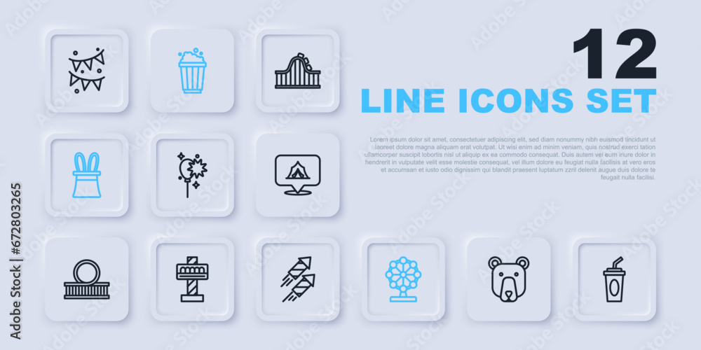 Set line Bear head, Paper glass with water, Balloons ribbon, Ferris wheel, Magician hat and rabbit ears, Attraction carousel, Popcorn in cardboard box and Firework rocket icon. Vector Set line Bear head, Paper glass with water, Balloons ribbon, Ferris wheel, Magician hat and rabbit ears, Attraction carousel, Popcorn in cardboard box and Firework rocket icon. Vector