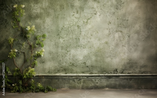 Tappezzeria Fiori Foglie Piante muro rovinato verde muffa photo