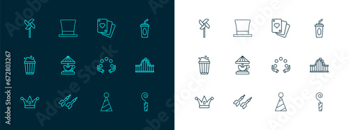 Set line Paper glass with water, Dart arrow, Juggling ball, Party hat, Attraction carousel, Playing cards, Pinwheel toy and Cylinder icon. Vector