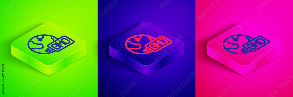 Isometric line GMO icon isolated on green, blue and pink background. Genetically modified organism acronym. Dna food modification. Square button. Vector Isometric line GMO icon isolated on green, blue and pink background. Genetically modified organism acronym. Dna food modification. Square button. Vector