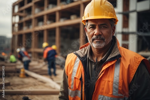 Portrait of a handsome smiling senior male builder wearing an orange uniform and helmet against the background of a building under construction