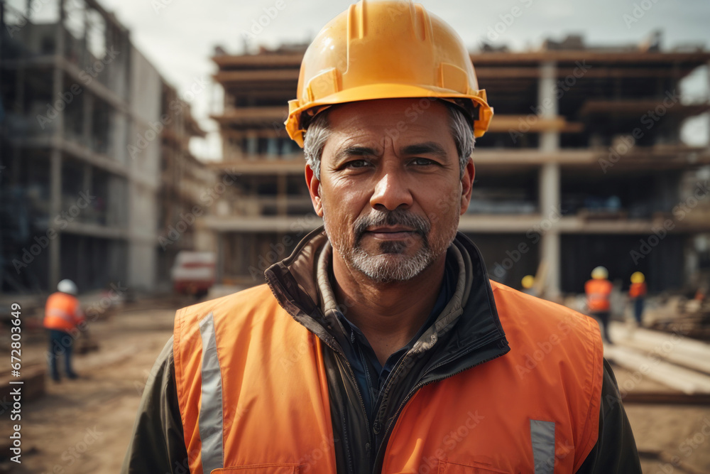 Close-up Portrait of a handsome smiling male builder wearing an orange uniform and helmet against the background of a building under construction Close-up Portrait of a handsome smiling male builder wearing an orange uniform and helmet against the background of a building under construction
