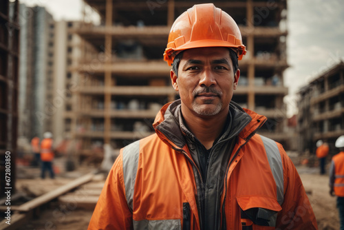 Portrait of a handsome smiling male builder wearing an orange uniform and helmet against the background of a building under construction