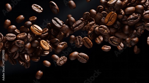 Flying coffee beans on a dark background. AI generative