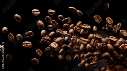 Flying coffee beans on a dark background. AI generative