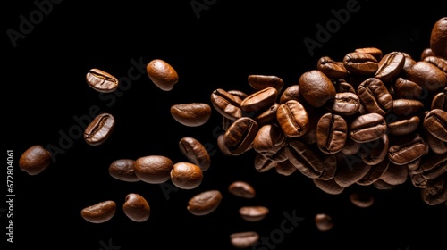 Flying coffee beans on a dark background. AI generative