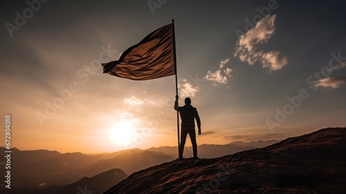 Silhouette Businessman with flag on peak mountain, Business and success concept
