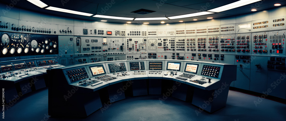 Nuclear plant control room as imagined by Generative AI - obrazy, fototapety, plakaty 