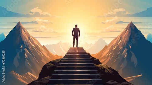 Businessman and stair step to top mountain, Business and success concept photo