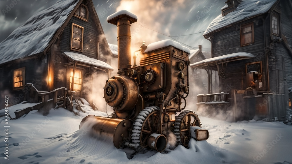 steampunk snowblower in old village