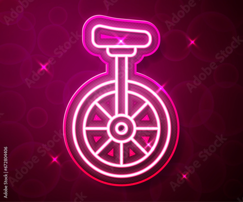 Glowing neon line Unicycle or one wheel bicycle icon isolated on red background. Monowheel bicycle. Vector
