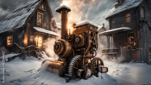 steampunk snowblower in old village photo