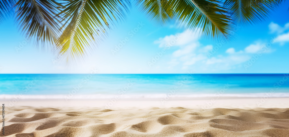 Fototapeta premium Tropical beach with fine sand, some palm leaves above, calm sea with clear sky in distance. Empty copy space template for vacation or holiday product. Generative AI.