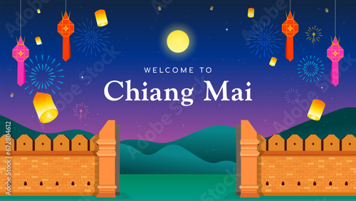 Welcome to Chiang Mai background vector illustration. Beautiful fireworks and lanterns celebration in Chiang Mai