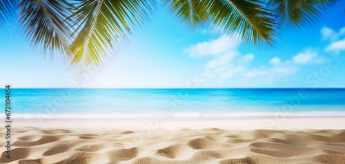 Tropical beach with fine sand  some palm leaves above  calm sea with clear sky in distance. Empty copy space template for vacation or holiday product. Generative AI.
