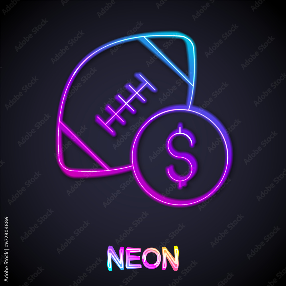 Glowing neon line American football betting money icon isolated on black background. Football bet bookmaker. Soccer betting online make money. Vector Glowing neon line American football betting money icon isolated on black background. Football bet bookmaker. Soccer betting online make money. Vector