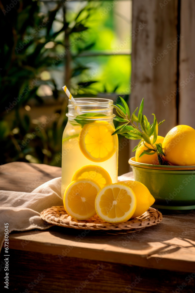 Fototapeta premium Lemonade with marinade in a jar in a warm summer garden 