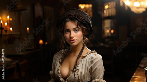 A beautiful young woman in a historically romantic French-inspired style with a hat