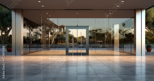 Modern Elegance. A Glass Entrance with Ambient Side Lighting. Generative AI © Gasspoll