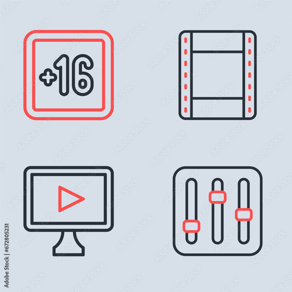 Set line Play video, Online play, Sound mixer controller and Plus 16 movie icon. Vector Set line Play video, Online play, Sound mixer controller and Plus 16 movie icon. Vector