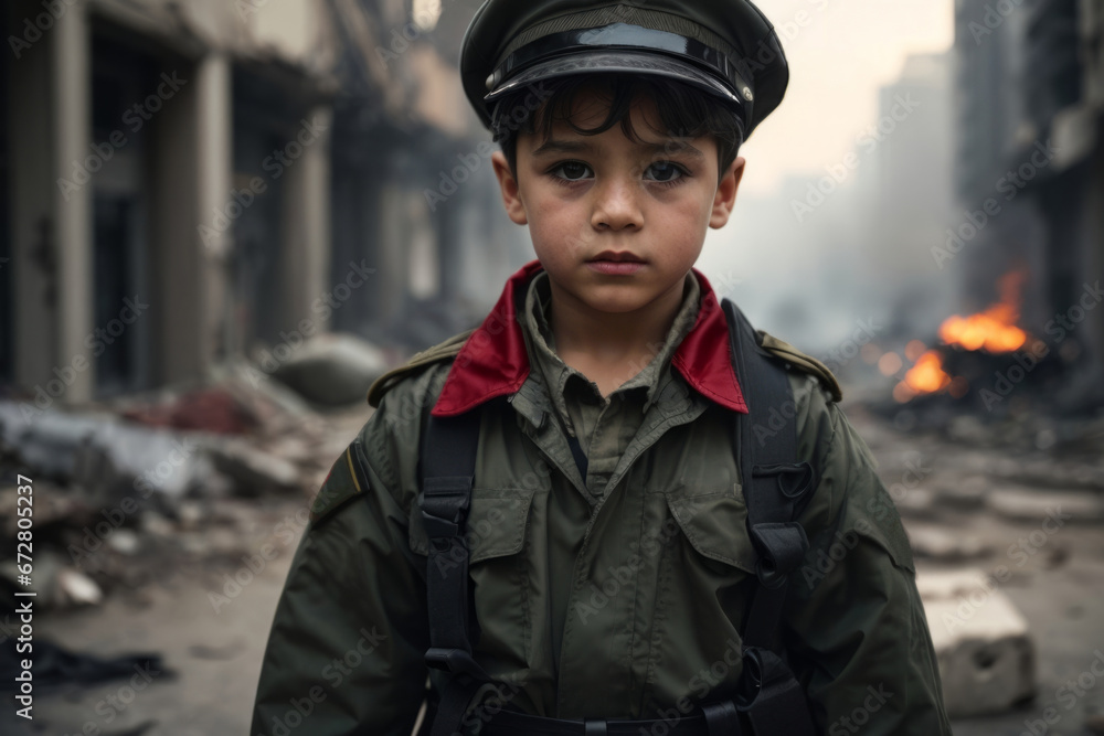 portrait of a child against the backdrop of a destroyed city. concept of war and conflict and problems. victims of explosions. portrait of a child against the backdrop of a destroyed city. concept of war and conflict and problems. victims of explosions.