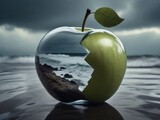 a green apple passing to a glass one. the living is dying