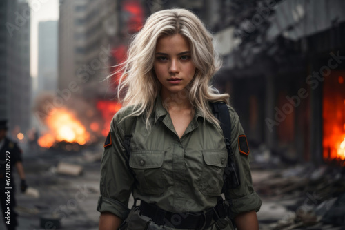 portrait of a girl against the backdrop of a destroyed city. concept of war and conflict and problems. victims of explosions. 