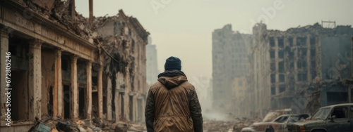 man in a destroyed city. concept of war and conflict and problems. victims of explosions. banner