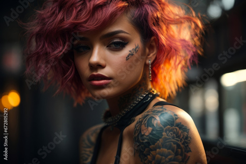 girl with multi-colored hair. Features of trendy punk tattoo style, full view