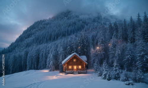 Fantastic winter landscape with glowing wooden cabin in snowy forest. Cozy house in Carpathian mountains. Christmas holiday concept © Roman
